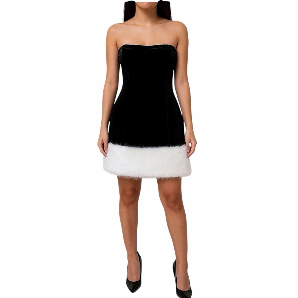 Johnny‎ Wujek for JCPenney Strapless Black Velvet Mini Dress Faux Fur Hem Size 5